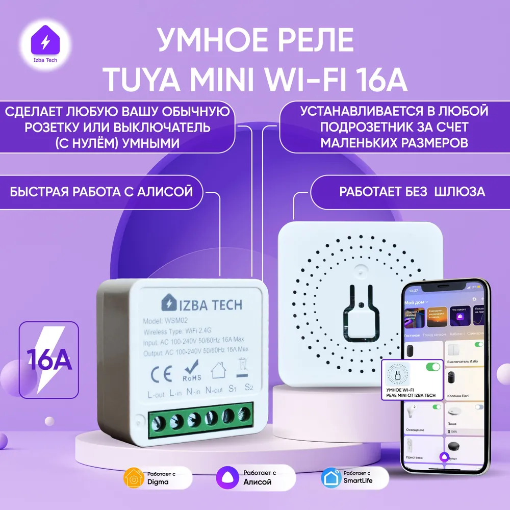 Izba Tech Умное реле контроллер для умного дома с Яндекс Алисой 16А Tuya  Wi-Fi Mini 0077 - купить в Санкт-Петербурге: цены, характеристики, фото и  отзывы