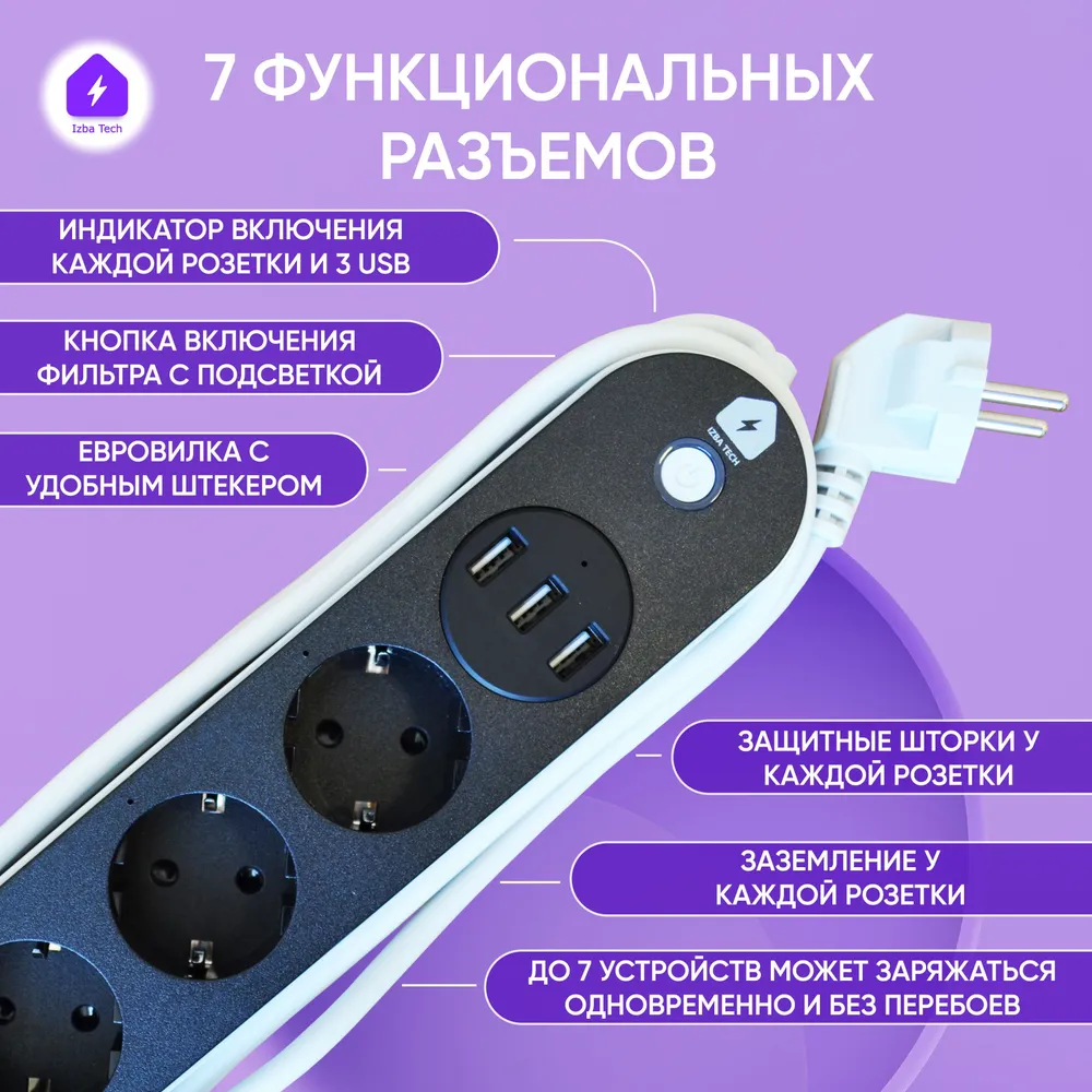 Izba Tech Умный сетевой фильтр черного цвета для Яндекс Алисы с WIFI на 4  розетки с USB 0067-2 - купить в Санкт-Петербурге: цены, характеристики,  фото и отзывы