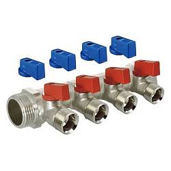 TIM Коллектор с шаровыми кранами 3/4x1/2 на 4 выхода, красные и синие ручки MV-3/4-N-4