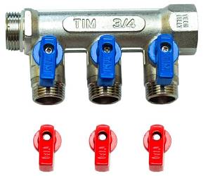 TIM Коллектор с шаровыми кранами 3/4x1/2 на 3 выхода, красные и синие ручки MV-3/4-N-3